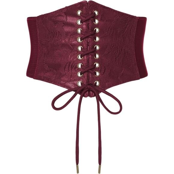 Women Lace-up Tied Waist Belt Corset Wine Red - Picture 1 of 5